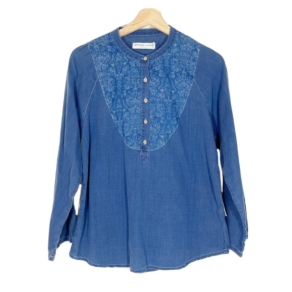 NWT Artisan de Luxe Chambray Popover Top Long Sleeves Blue Sz S